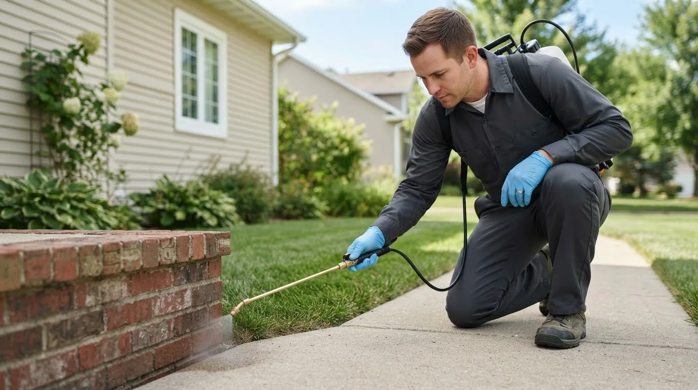Pest control technician treating a home near Austwell, TX